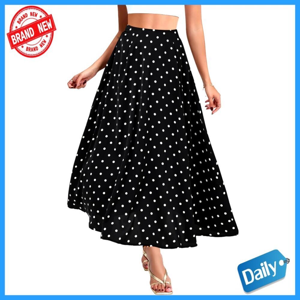 Polka Dot Maxi Skirt with Pockets High Waisted A-Line Flowy Vintage